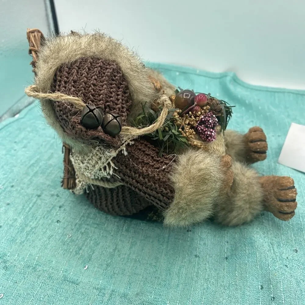 Vtg Bear Figurine Dressed for Winter With Bag, And Skis, Wood Resin Cloth 6” Sit